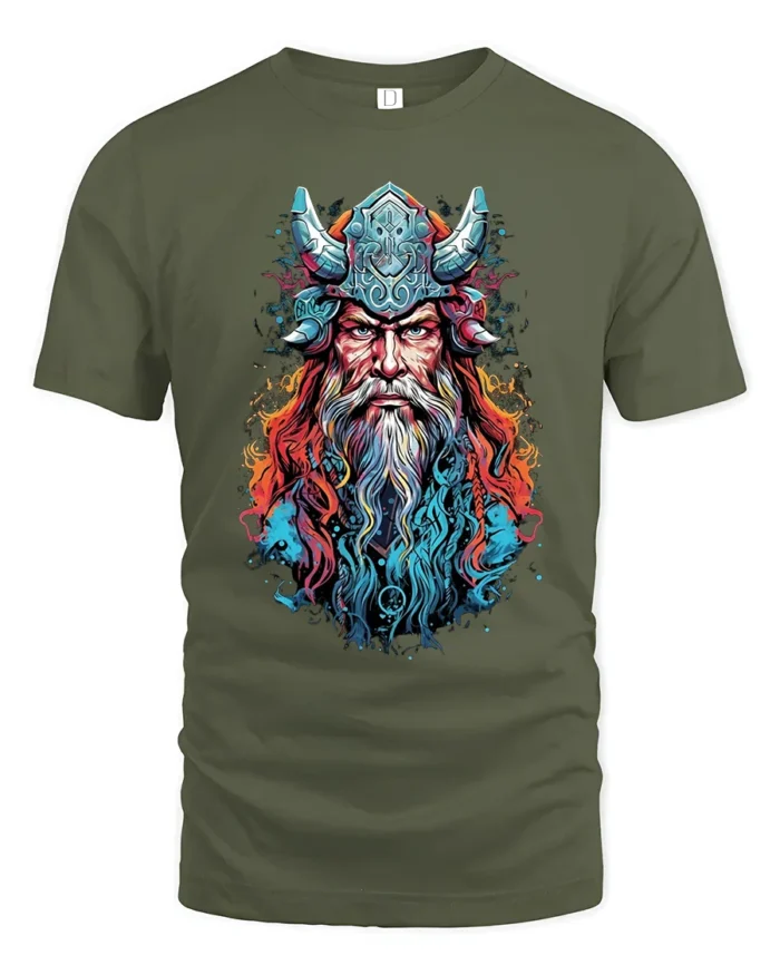 Viking Warrior Colorful Norse Mythology T-Shirt - military green t-shirt on white background