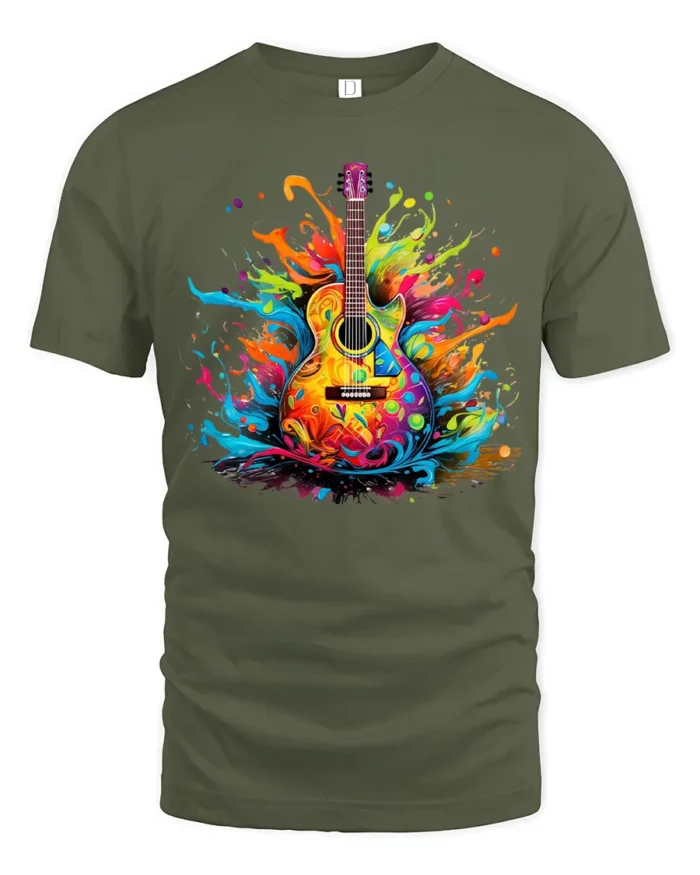 Groovy Guitar Tee Colorful Music Graphic Shirt - military green t-shirt on white background