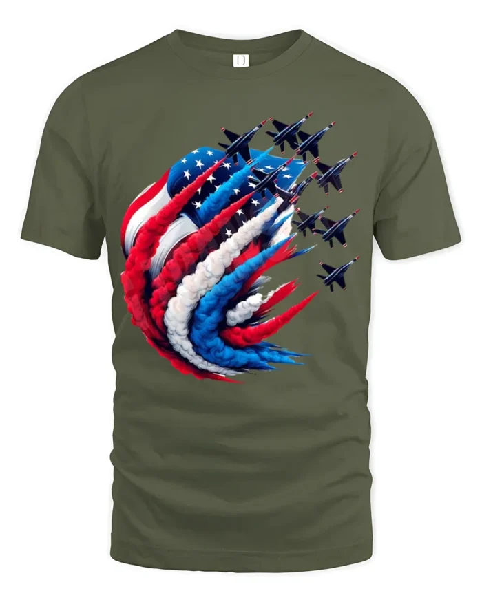 American Pride T-Shirt Fighter Jets Flag Tee - military green t-shirt on white background