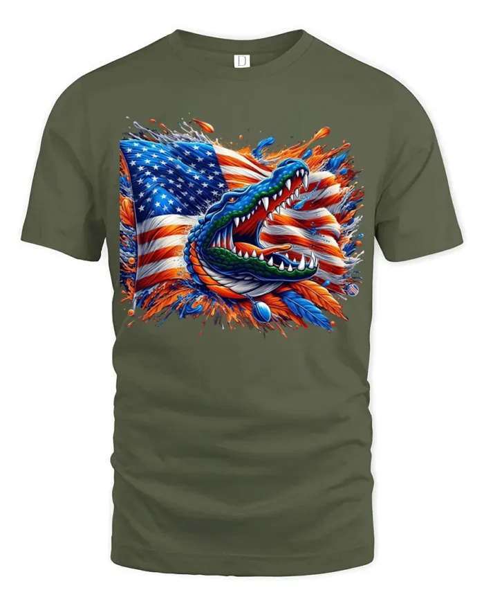 American Gator Tee Patriotic Alligator Flag T-Shirt - military green t-shirt on white background