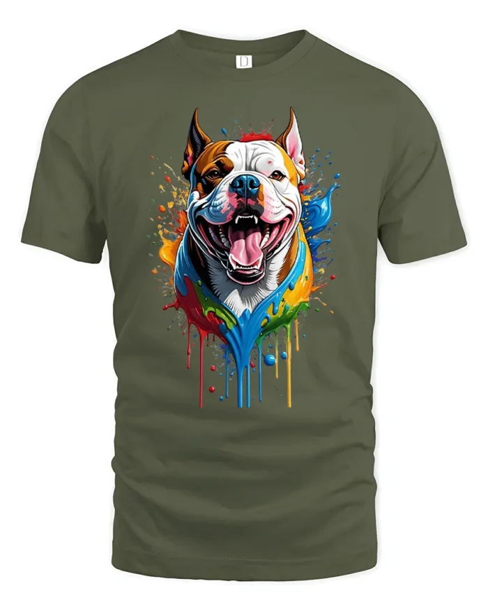 Colorful Bully Tee American Bully Dog Art T-Shirt - military green t-shirt on white background