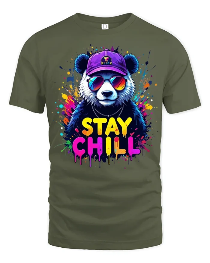 Stay Chill Panda T-Shirt Relaxed Bear Tee Now - military green t-shirt on white background