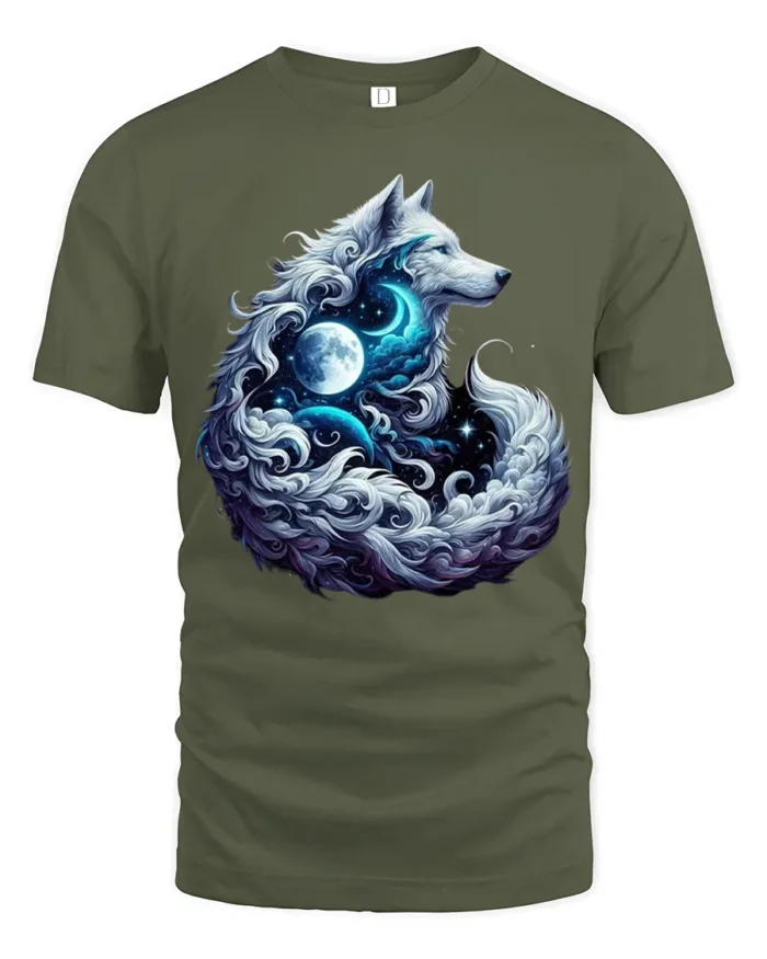 Moon Howl Wolf Cosmic Lunar Animal T-Shir - military green t-shirt on white background