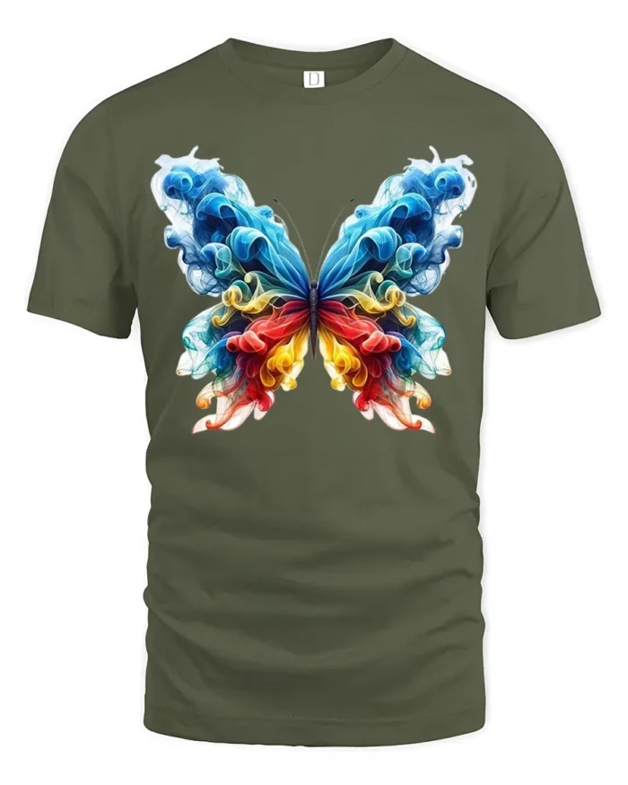 Smoke Butterfly Colorful Abstract Art T-Shirt - military green t-shirt on white background
