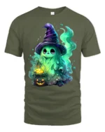Cute Witch Ghost Funny Halloween Spirit T-Shirt - military green t-shirt on white background