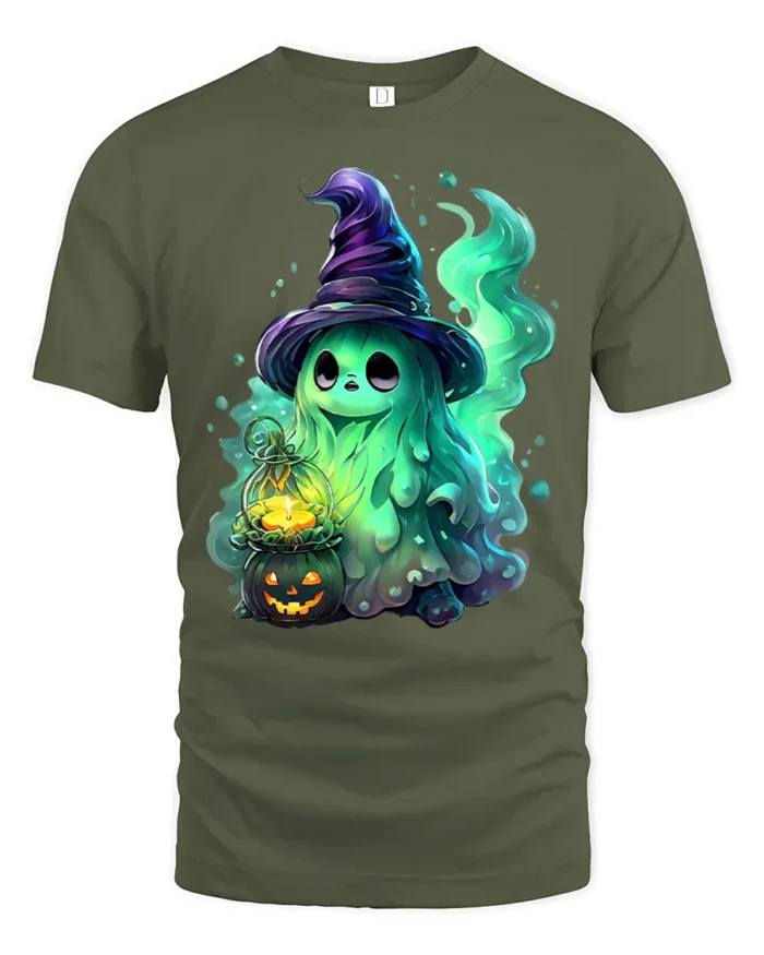 Cute Witch Ghost Funny Halloween Spirit T-Shirt - military green t-shirt on white background