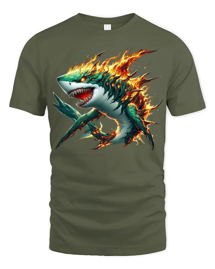 Fire Shark Cool Flaming Shark T-Shirt Graphic - military green t-shirt on white background