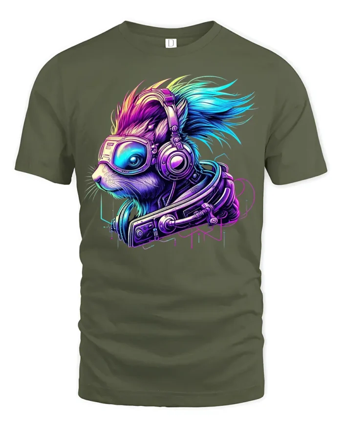 Cyber Squirrel Futuristic Animal Graphic T-Shirt - military green t-shirt on white background
