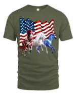 USA Flag Horses Patriotic American Pride T-Shirt - military green t-shirt on white background