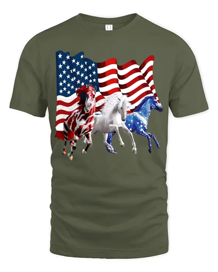 USA Flag Horses Patriotic American Pride T-Shirt - military green t-shirt on white background