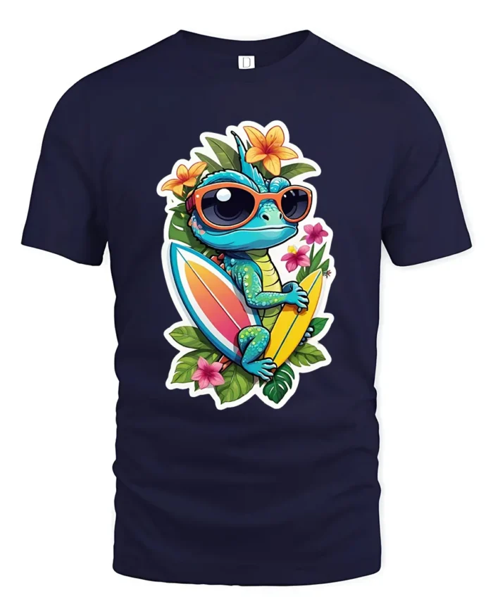 Tropical Lizard Surf T-Shirt Summer Beach Tee - navy t-shirt on white background