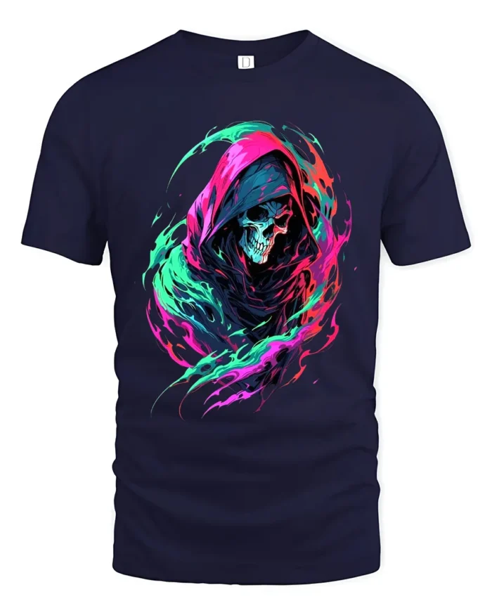 Neon Reaper Colorful Grim Reaper Graphic T-Shirt - navy t-shirt on white background