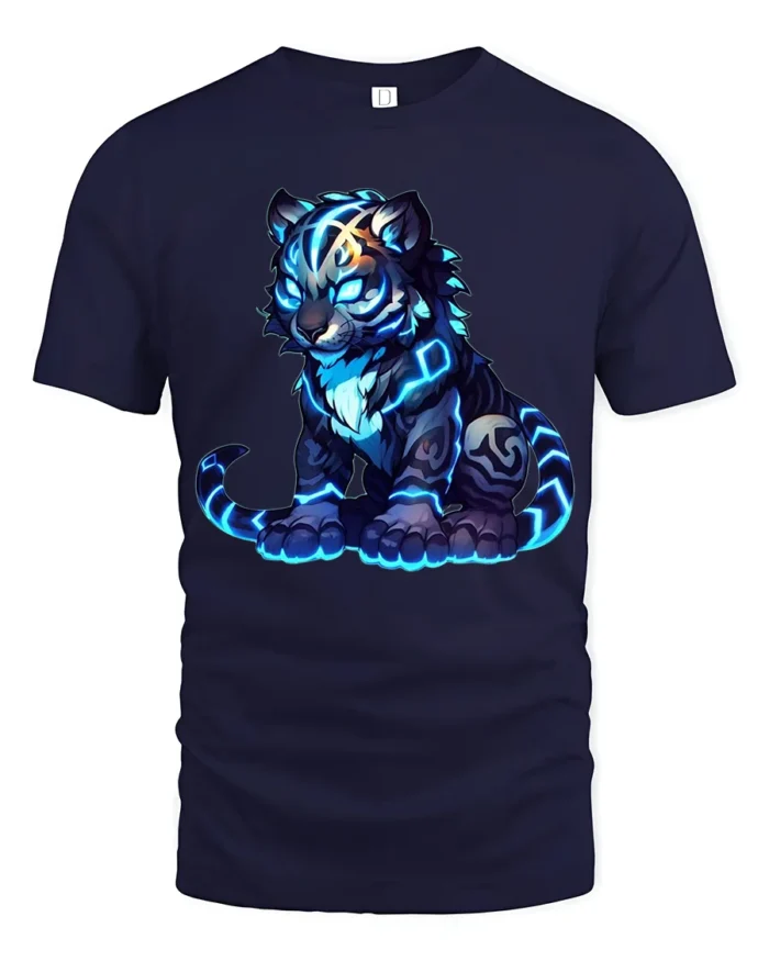 Electric Tiger T-Shirt Cool Futuristic Cat - navy t-shirt on white background