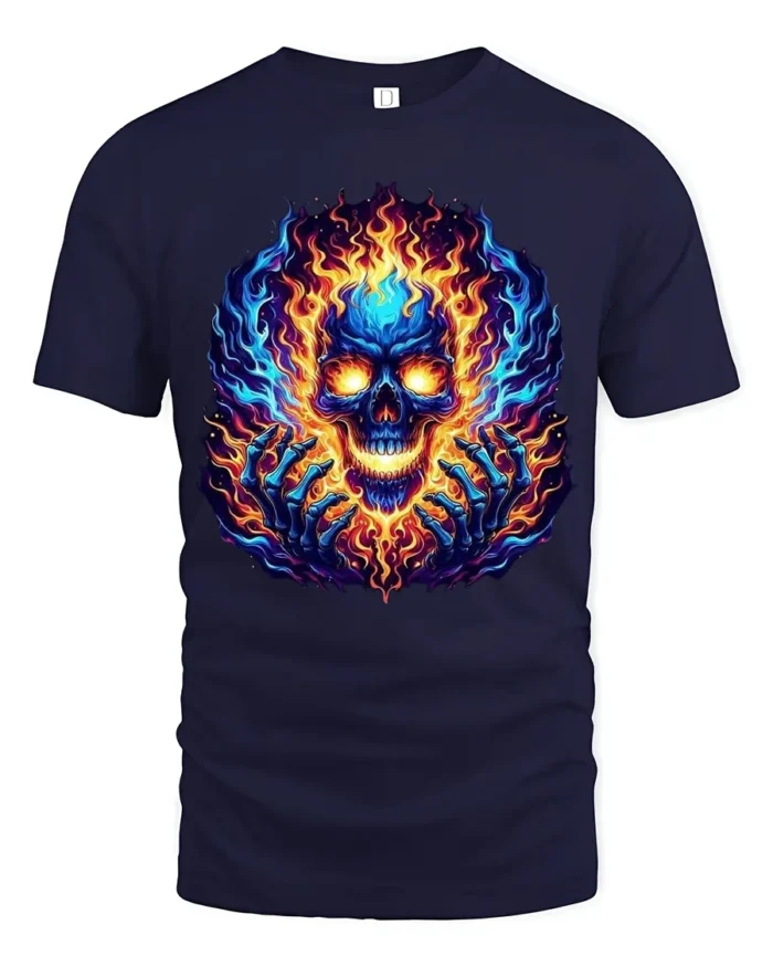 Burning Skull Hands T-Shirt Edgy Fire Skull Tee - navy t-shirt on white background