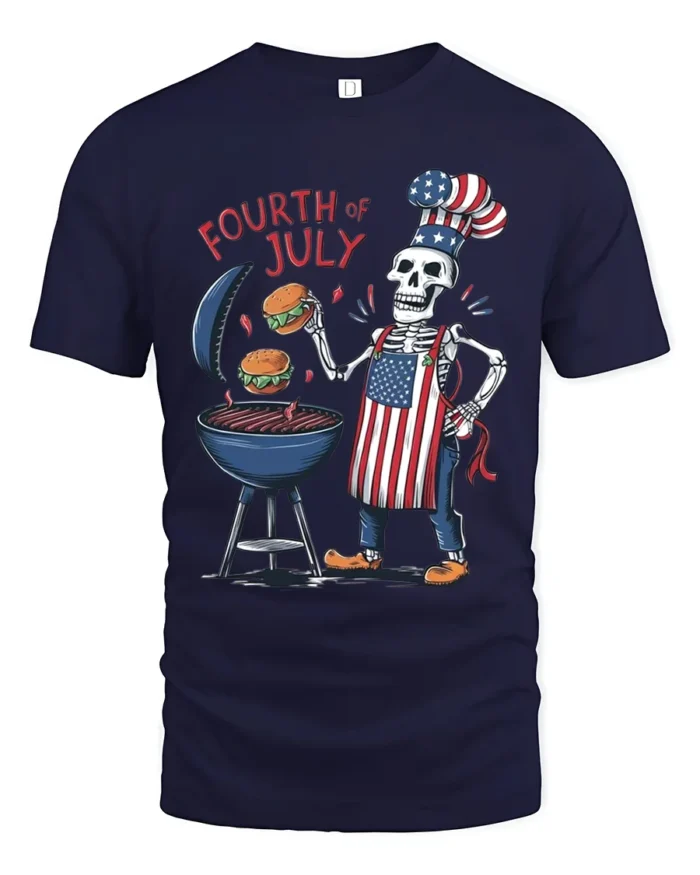 Skeleton BBQ T-Shirt Funny 4th of July Grill Tee - navy t-shirt on white background