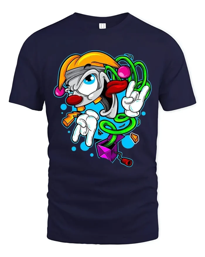 Groovy Clown T-Shirt Cool Cartoon Peace Sign Tee - navy t-shirt on white background
