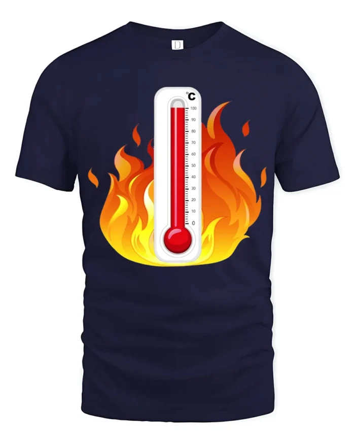Hot Temperature Thermometer in Flames T-Shirt - navy t-shirt on white background