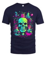 Neon Skull Garden T-Shirt Vibrant Skull Plant - navy t-shirt on white background