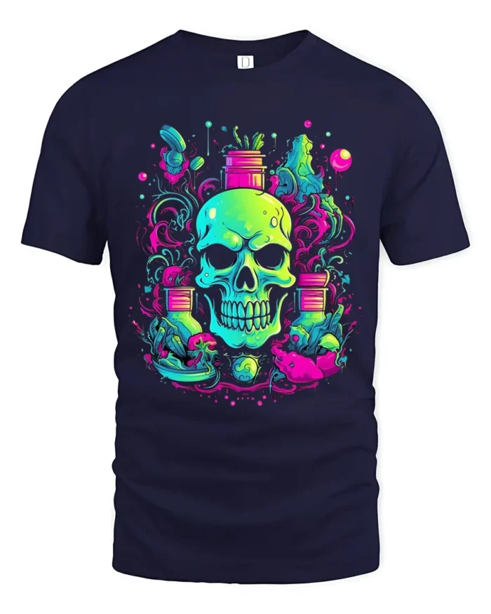 Neon Skull Garden T-Shirt Vibrant Skull Plant - navy t-shirt on white background