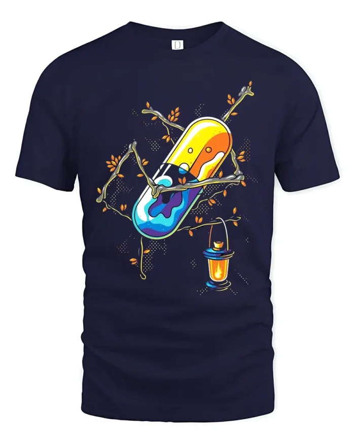Enchanted Pill T-Shirt Whimsical Capsule Lantern - navy t-shirt on white background