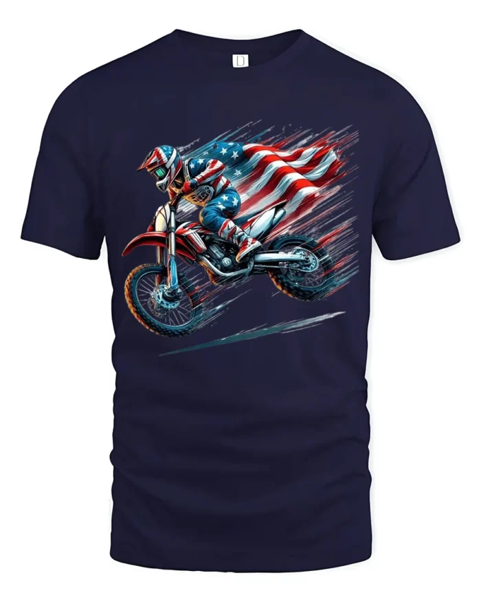 American MX Rider T-Shirt Dirt Bike Flag Tee - navy t-shirt on white background