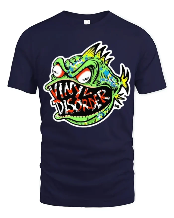 Vinyl Disorder Fish Funny Angry Fish T-Shirt - navy t-shirt on white background