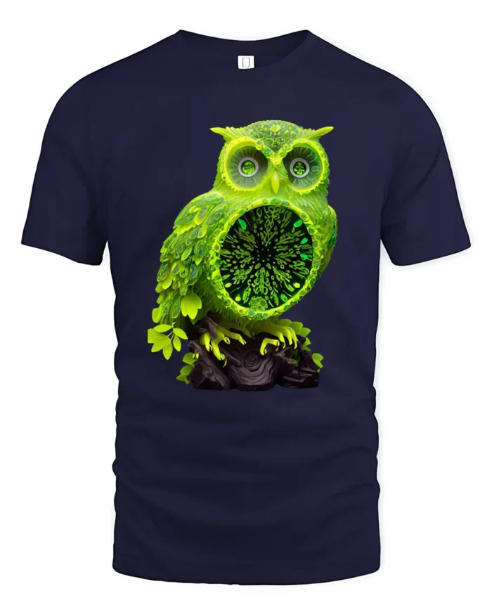 Electric Owl Vibrant Green Forest Bird Shirt - navy t-shirt on white background