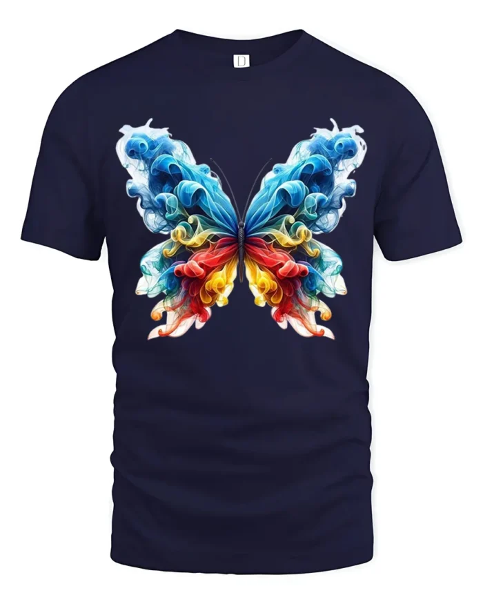 Smoke Butterfly Colorful Abstract Art T-Shirt - navy t-shirt on white background