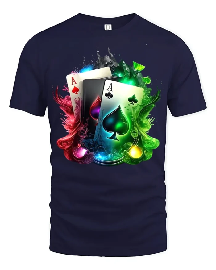Ace Card Colorful Poker Hand T-Shirt Gif - navy t-shirt on white background
