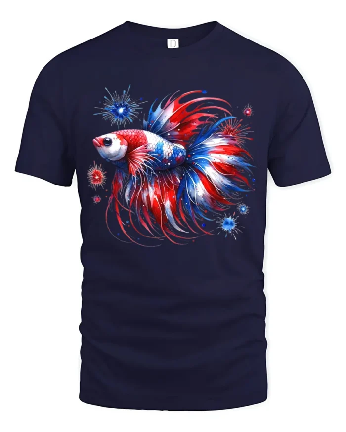 Red White Blue Fish T-Shirt American Betta Tee - navy t-shirt on white background