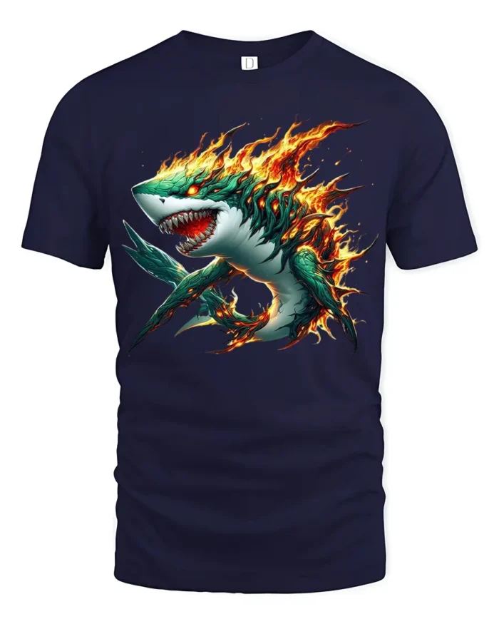 Fire Shark Cool Flaming Shark T-Shirt Graphic - navy t-shirt on white background