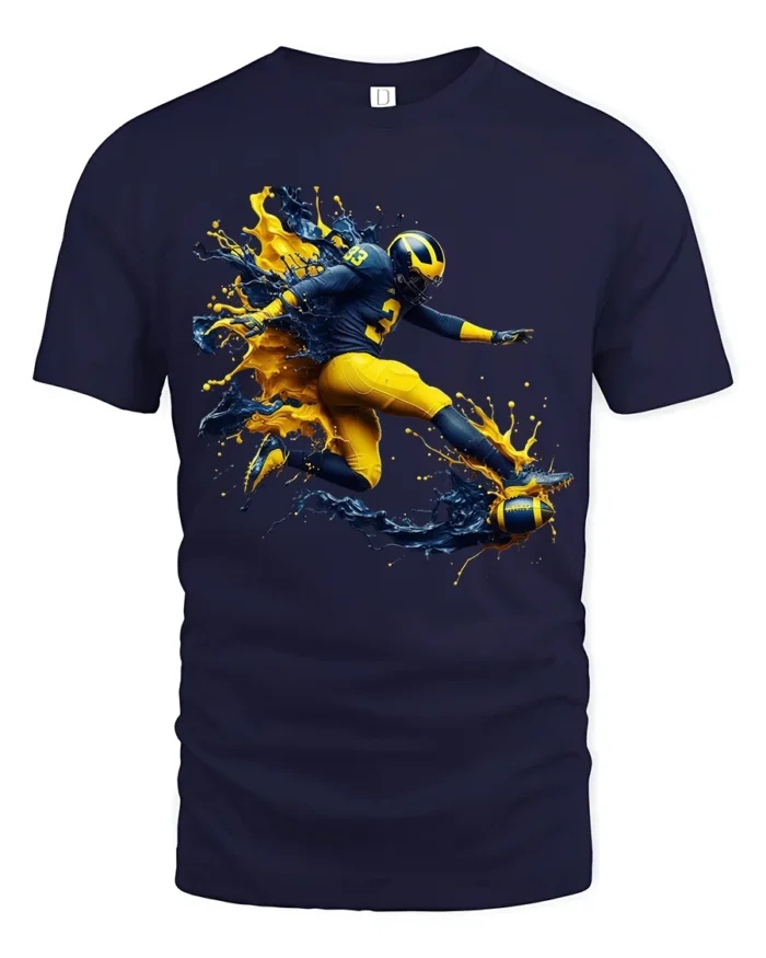 Michigan Wolverines Splash Football Fan T-Shirt - navy t-shirt on white background