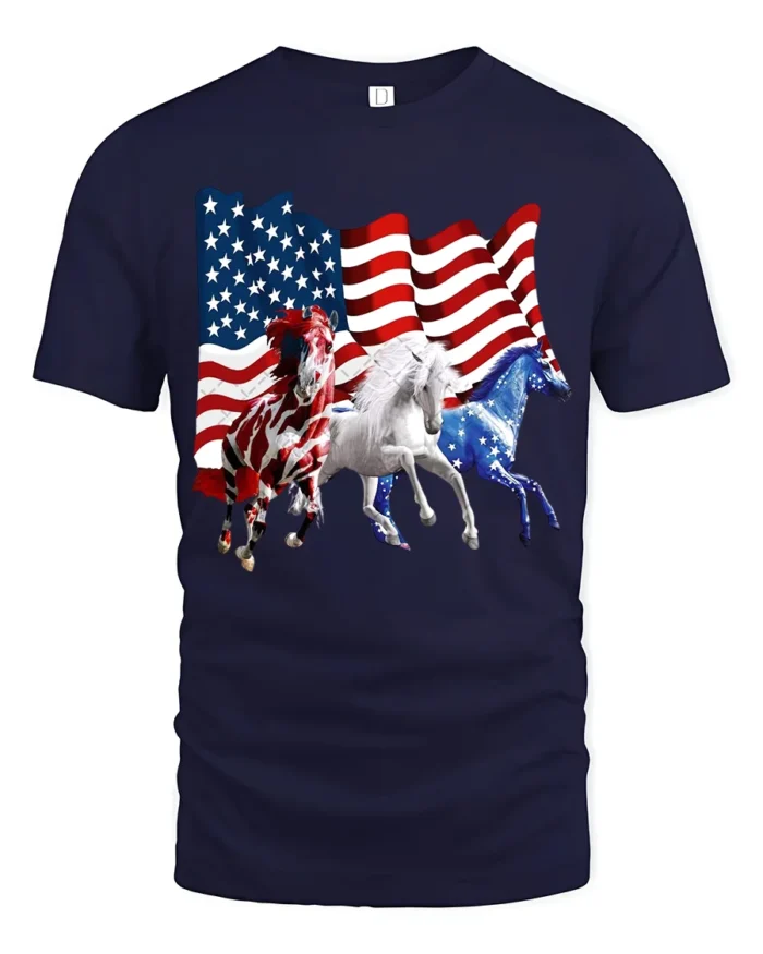 USA Flag Horses Patriotic American Pride T-Shirt - navy t-shirt on white background
