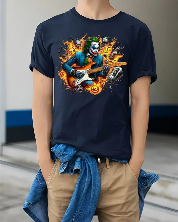 Joker Guitar Hero Funny Villain Music T-Shirt - model wearing navy shirt, hands in pockets
