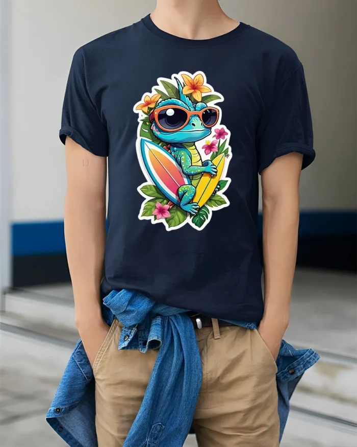 Tropical Lizard Surf T-Shirt Summer Beach Tee - model wearing navy shirt, hands in pockets
