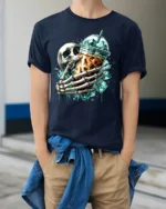 Skull Iced Coffee Funny Skeleton Drink T-Shirt - model wearing navy shirt, hands in pockets