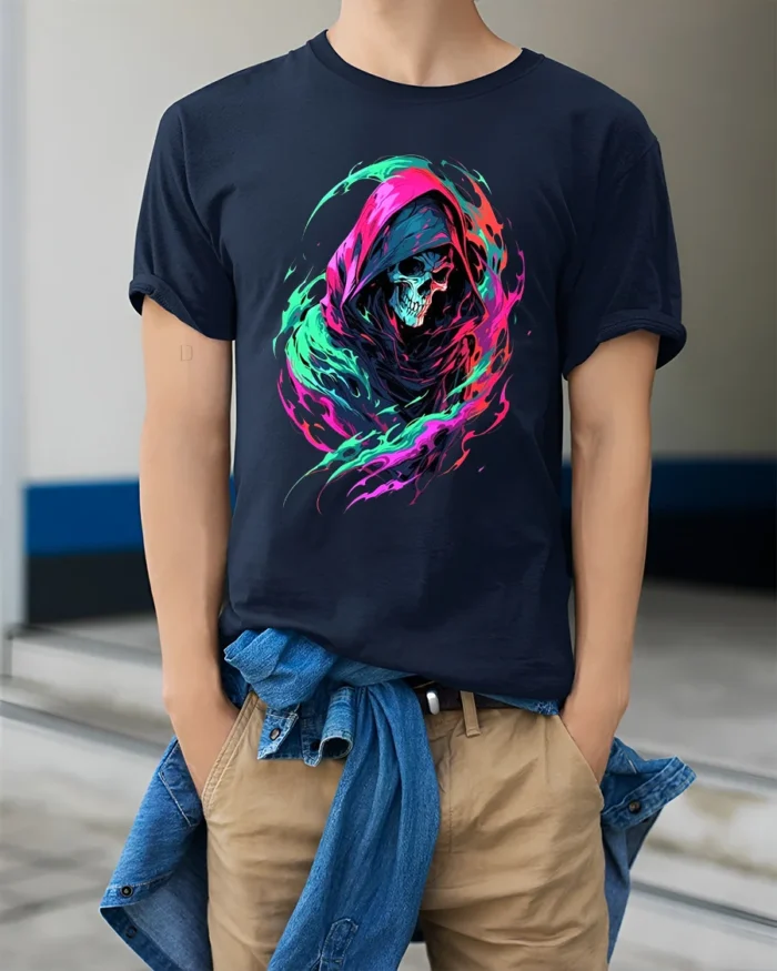 Neon Reaper Colorful Grim Reaper Graphic T-Shirt - model wearing navy shirt, hands in pockets