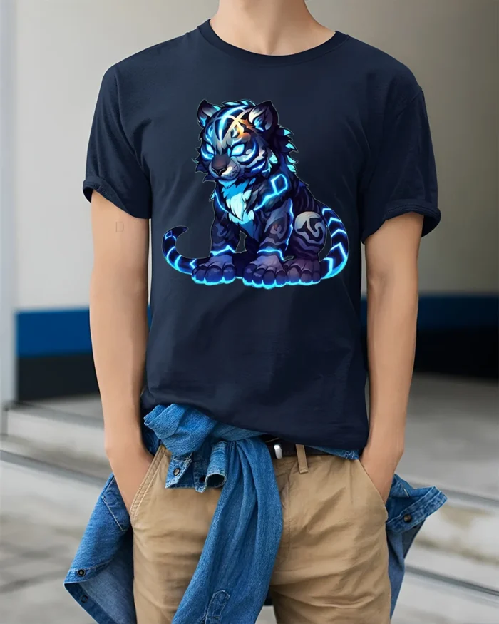 Electric Tiger T-Shirt Cool Futuristic Cat - model wearing navy shirt, hands in pockets