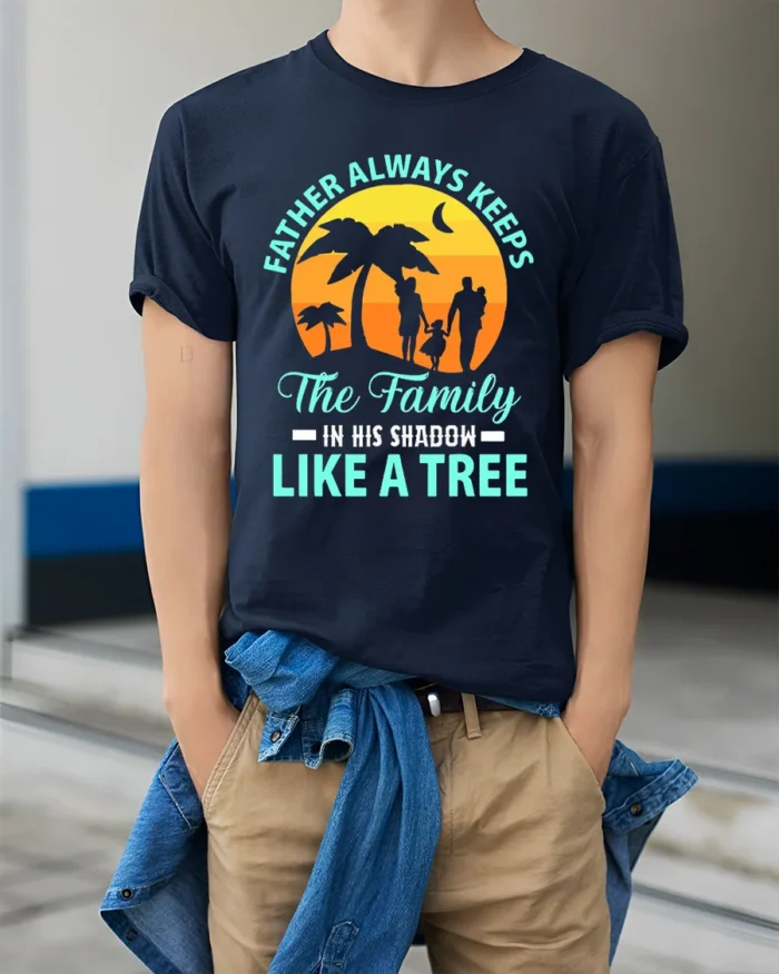 Father Like A Tree Strong Dad Family T-Shirt - model wearing navy shirt, hands in pockets