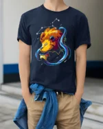 Leo Constellation Zodiac Lion Graphic T-Shirt - model wearing navy shirt, hands in pockets
