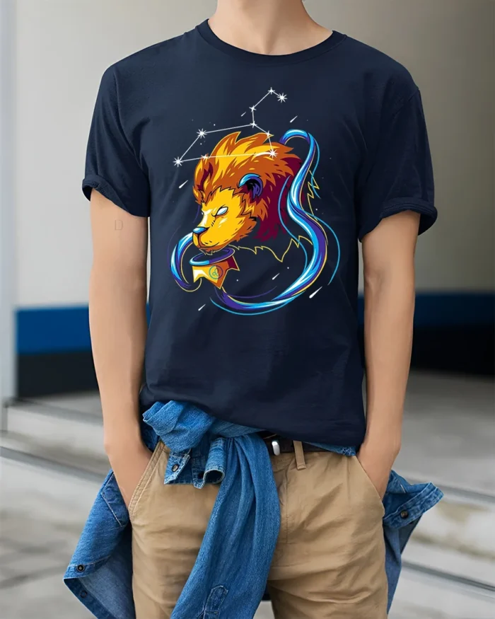 Leo Constellation Zodiac Lion Graphic T-Shirt - model wearing navy shirt, hands in pockets
