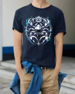 Astrology Cancer Horoscope Crab T-Shirt Gift - model wearing navy shirt, hands in pockets