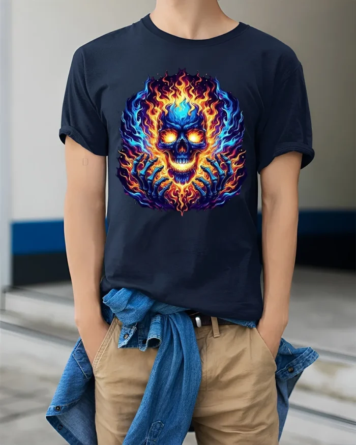 Burning Skull Hands T-Shirt Edgy Fire Skull Tee - model wearing navy shirt, hands in pockets