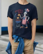 Skeleton BBQ T-Shirt Funny 4th of July Grill Tee - model wearing navy shirt, hands in pockets