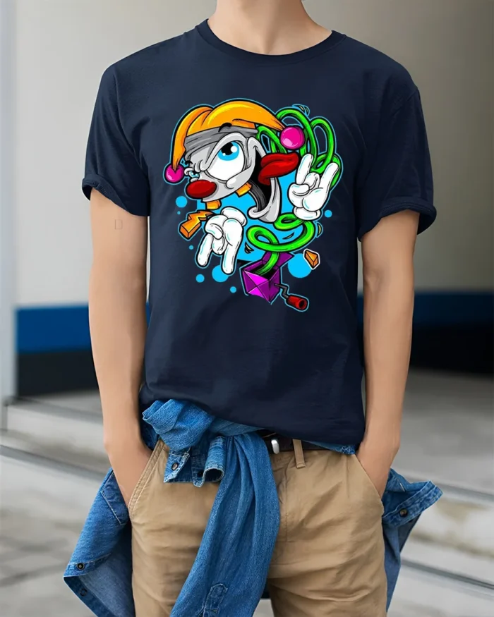 Groovy Clown T-Shirt Cool Cartoon Peace Sign Tee - model wearing navy shirt, hands in pockets
