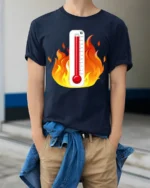 Hot Temperature Thermometer in Flames T-Shirt - model wearing navy shirt, hands in pockets