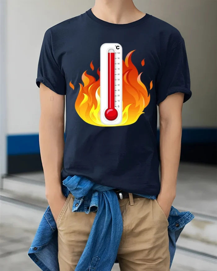 Hot Temperature Thermometer in Flames T-Shirt - model wearing navy shirt, hands in pockets