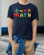 Funny Math Symbols Cool Teacher Student T-Shirt - model wearing navy shirt, hands in pockets