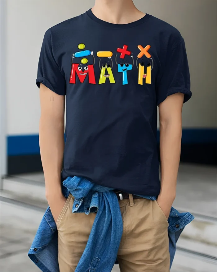 Funny Math Symbols Cool Teacher Student T-Shirt - model wearing navy shirt, hands in pockets