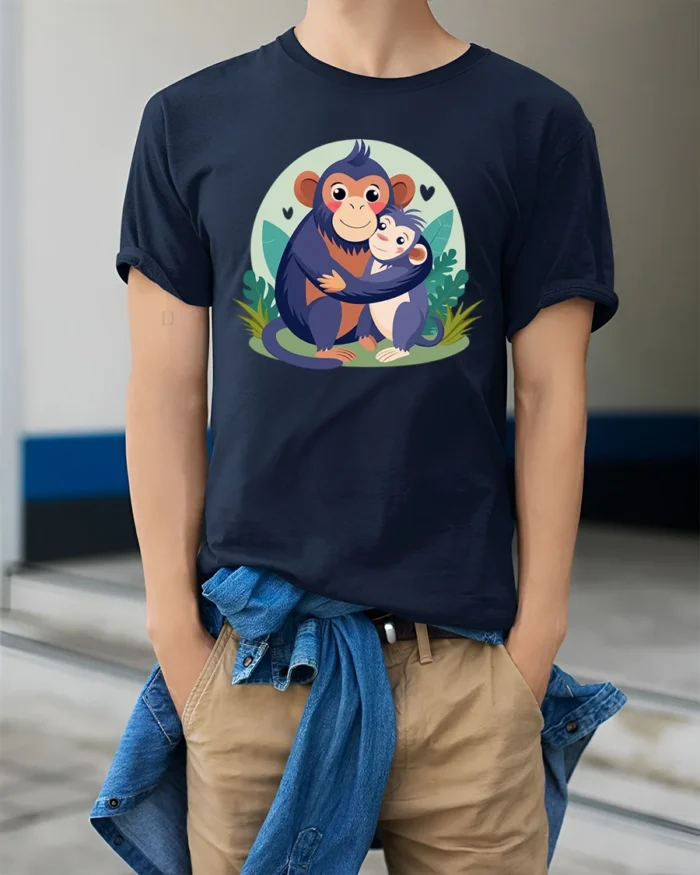 Papa Monkey Hug Sweet Father’s Day T-Shirt Gift - model wearing navy shirt, hands in pockets